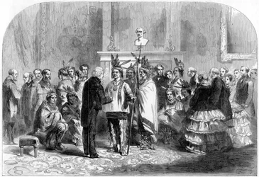 O presidente dos Estados Unidos induzindo as tribos hostis a apertar as mãos, 1858
