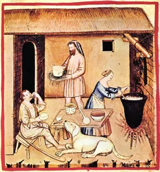 A produção de queijo. Uma miniatura de Tacuinum Sanitatis, segunda metade do 14º cen.