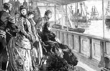 A rainha revisando a frota em Spithead, Hampshire, final do século XIX, 1900