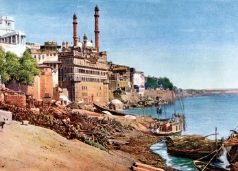 O rio Ganges e o Burning Ghats em Benares Varanasi, Índia, início do século XX