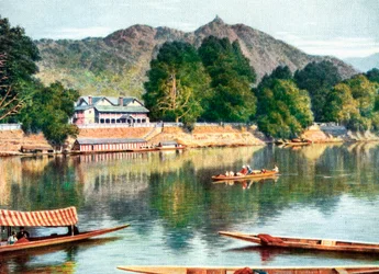 O rio Jhelum e clubhouse em Srinagar, Índia, início do século XX