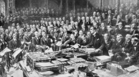 A cena na Câmara dos Comuns, Westminster, Londres, 3 de agosto de 1914