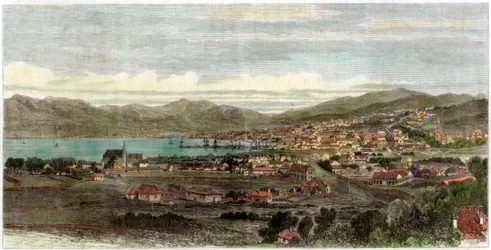 A cidade e o porto de Wellington, capital da Nova Zelândia, c1880