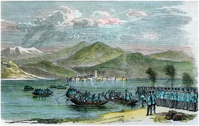A guerra, austríacos atravessando o Lago Maggiore, Itália, c1875