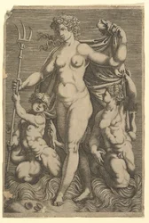 Thetis em pé com dois tritões.