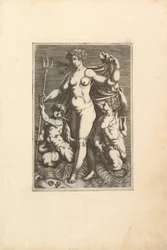 Thetis em pé com dois tritões.