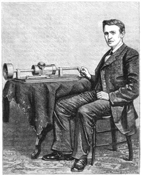Thomas Alva Edison, inventor americano, com um modelo manual do fonógrafo, 1878