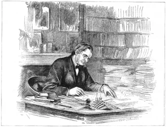 Thomas Henry Huxley, biólogo britânico, em sua mesa em 1882 1883