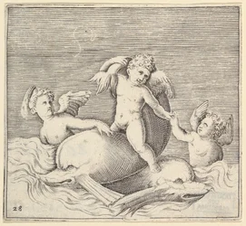 Três Cupidos e Dois Golfinhos, publicado ca. 1599-1622.
