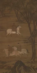 Três cavaleiros cavalgando sob salgueiros, século XV.