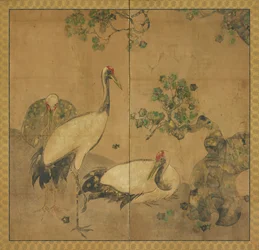 Três guindastes sob uma árvore, período Edo, 1615-1868.