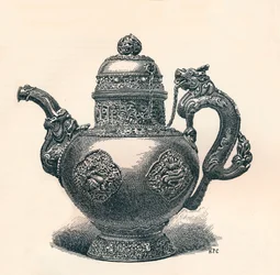 Bule de chá tibetano com bico de dragão e alça mostrando influência chinesa, c1904