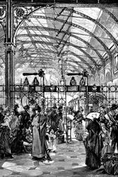 Barreira de bilhetes na estação ferroviária de Filadélfia, Pensilvânia, EUA, 1890