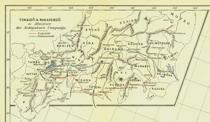 Tokaido & Nakasendo para ilustrar a Campanha de Sekigahara, 1903.