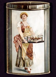 Cartão comercial para Frankfurters enlatados, produzido por Heinrich Bauer de Frankfurt am Main, Alemanha, c1895