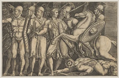 Trajano Combatendo os Dacianos, Trajano a cavalo, andando a cavalo em direção a um grupo ..., ca. 1515-1600.