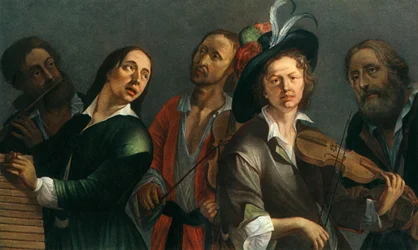 Flauta transversal, xilofone, viola e violino, pintor tcheco desconhecido da segunda metade do violão