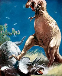 Triceratops, um dinossauro com chifres, mantido por um tiranossauro, c1920