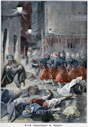 Tropas que tentam limpar ruas durante tumultos anti-judeus, Argel, Argélia, 1898
