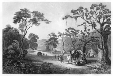 Tropas acampadas na entrada da passagem de Keree, ao norte de Meerut, Índia, c1860