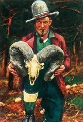 Troféu-caçador segurando o crânio de ovelha Bighorn, c1928.