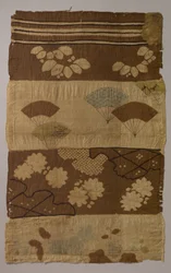 Têxtil Tsujigahana com listras horizontais, plantas com flores, ventiladores, flocos de neve..., ca. final de 16 d.C.