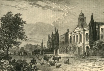 Turnpike na estrada de Hampstead e St. Jamess Church, em 1820, c1876.