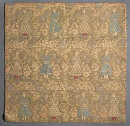 Tecido de sarja com falcoeiros em meio a roseiras, 1650-1699.