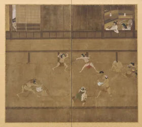 Tela de dois painéis representando lutadores, período Edo, século XVII.