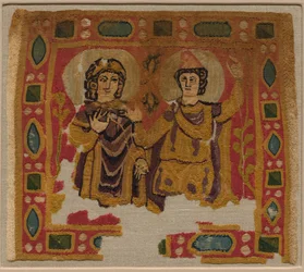Duas figuras emolduradas por uma borda de jóias, 450-550.