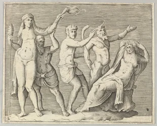 Duas Figuras, um Fauno e um Sátiro se aproximam de uma Mulher Reclinada, publicado ca. 1599-1622.