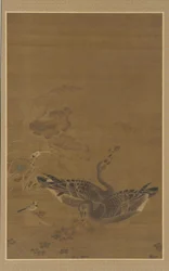 Dois gansos se alimentando em um lago de lótus, dinastia Ming, séculos XVI-XVII.