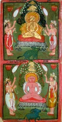 Dois Jain Tirthankaras ou jina ford-makers e seus devotos, região de Bundi, Índia, c1720