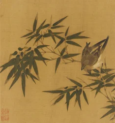 Dois pássaros balançando em um galho de bambu, dinastia Qing, século XVIII.