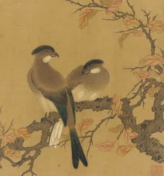 Dois pássaros com crista em um galho, folhas de outono, dinastia Qing, século XVIII.