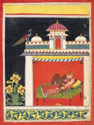 Dois amantes em um pavilhão, de um Amarushataka Cem poemas de Amaru..., ca. 1680.