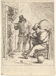 Dois camponeses segurando cachimbos diante de uma lareira, um sentado com o cachimbo preso ..., depois de 1625-90.