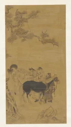 Dois homens e dois cavalos sob um pinheiro, dinastia Qing, século XVIII.