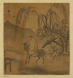 Dois viajantes na chuva, possivelmente dinastia Ming, 1368-1644.