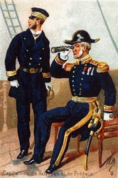 U: Capitão navios e fragata. Gravação em "Alfabeto Militar" . As iniciais do ilustrador: A. D. Editora desconhecida. Cromolitógrafos do final do século XIX. Dim: 10,5x7cm .