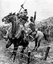Uhlans verificados por arame farpado perto de Liège, Bélgica, Primeira Guerra Mundial, 1914