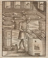 Um homem testa salitre, usado em pólvora e conservação de carne - Gravura de Lazarus Ecker Descrição de Minerais e Principais Métodos de Mineração