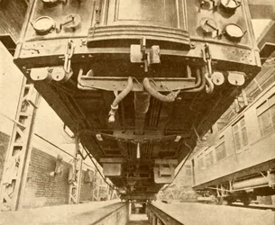 Debaixo do metrô: Debaixo de um vagão elétrico ferroviário do distrito, 1930.