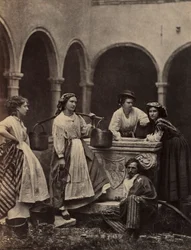 Cena de gênero sem título, com quatro mulheres e um homem, final do século XIX.