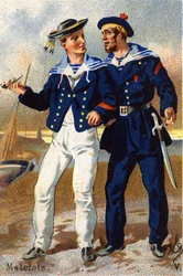 V: Marinheiros. Gravura em "Alfabeto Militar" . Iniciais do Ilustrador: A. D. Editora desconhecida. Cromolitógrafos do final do século XIX. Dim: 10,5x7cm .