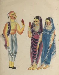 Devoto de Vaishnava com duas mulheres, do século XIX.
