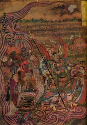 Vaishravana viajando através das ondas, das Cavernas dos Mil Budas, c900
