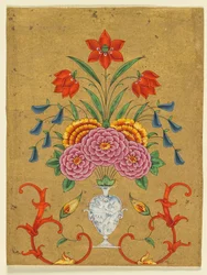 Vaso com arranjo de flores e pergaminho, c. 1750-1800.