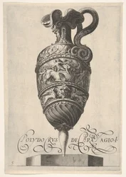 Embarcação com máscaras grotescas, grifos e um friso povoado por um touro e homens em ..., ca 1550-1600.