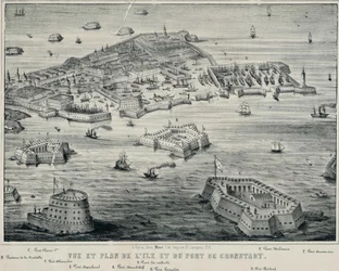 Vista e plano da ilha e do porto de Kronstadt, c. 1850
